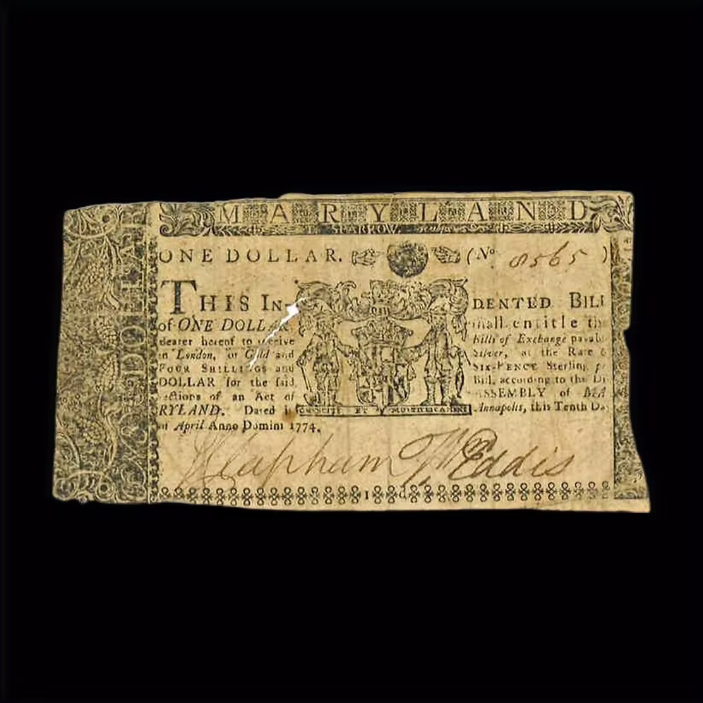 1774 Maryland Colonial Currency – British $1 Dollar, King George III Era