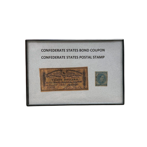 Rare Confederate States Bond Coupon and Postal Stamp Display