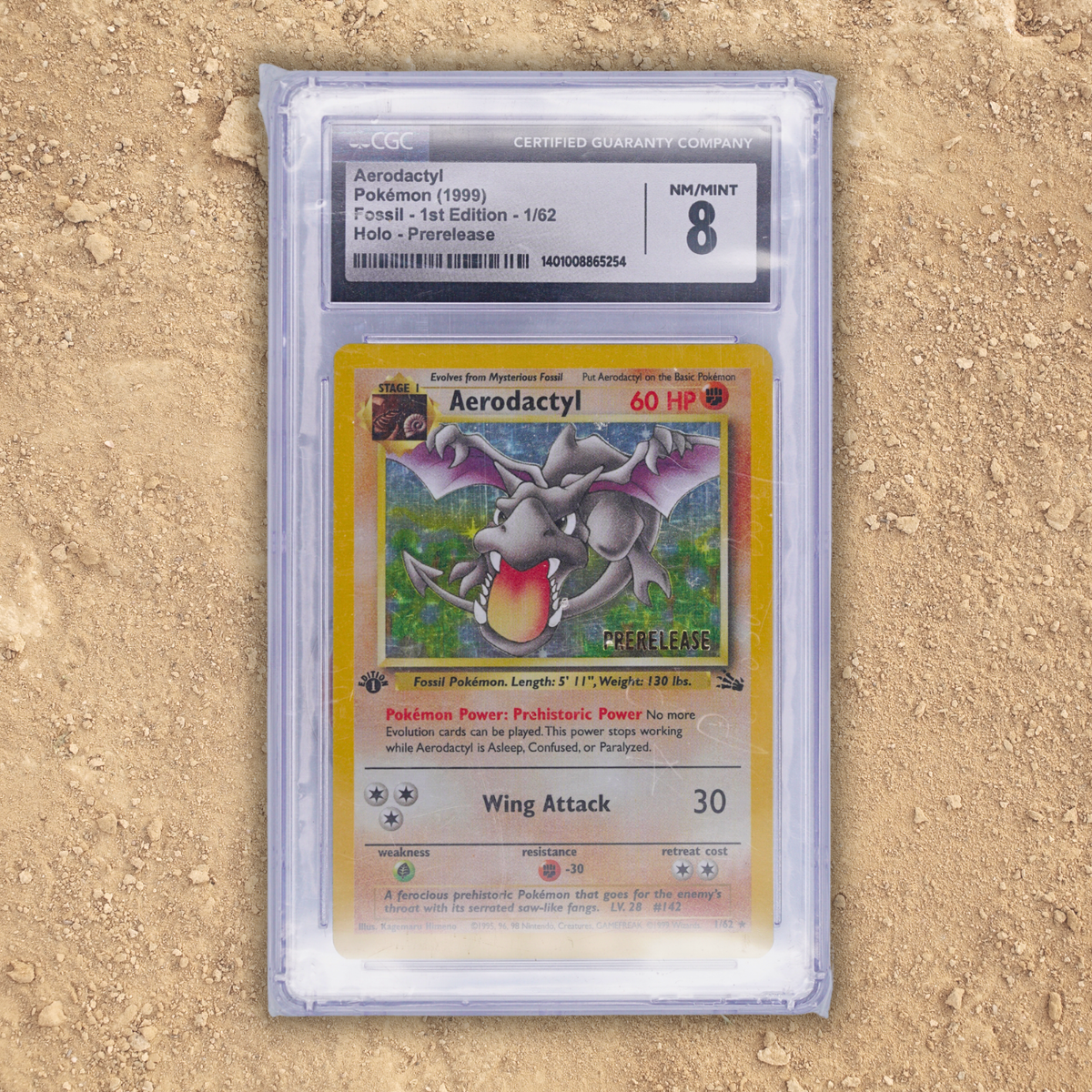 Pokémon Fossil Display - Graded 1st Edition Aerodactyl with Amber and Pterosaur Fossil