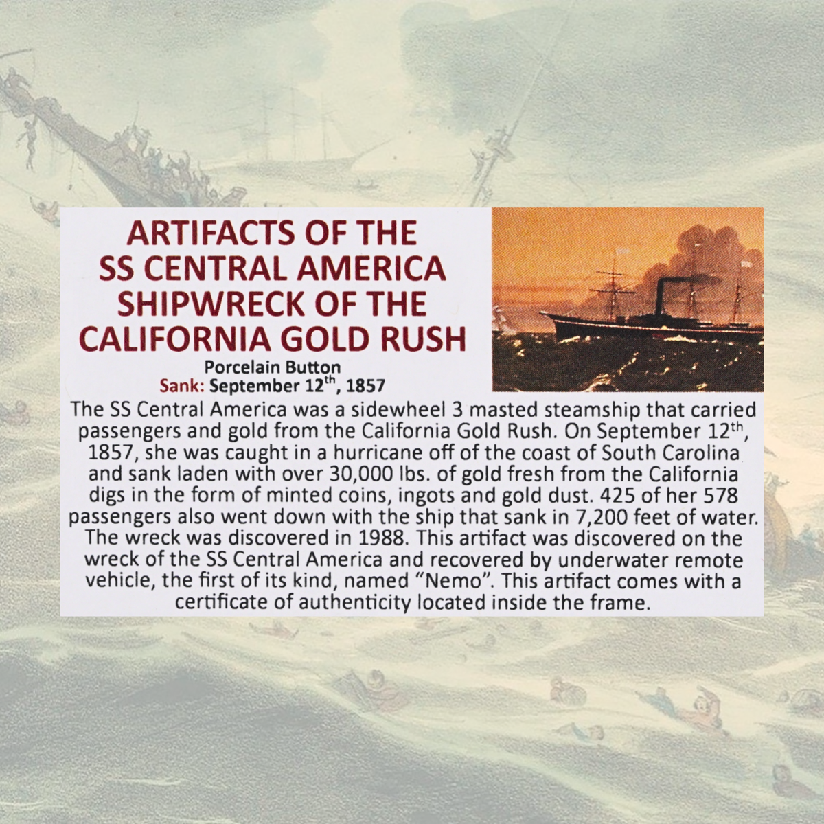 SS Central America Schiffswrack Porzellanknopf – Artefakt des „Goldschiffs“ (1857)
