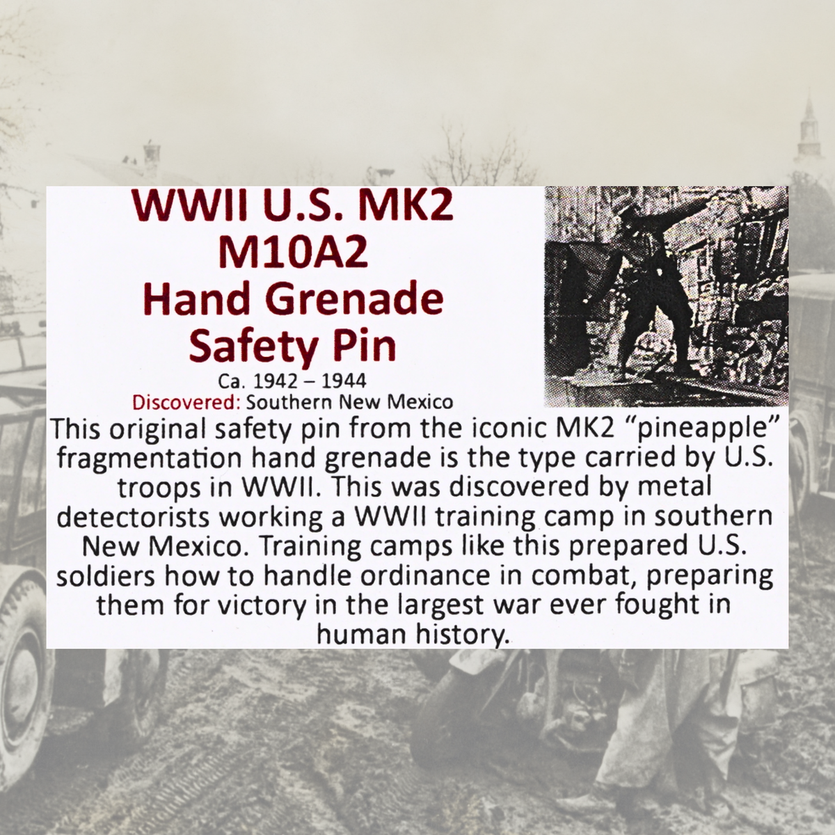 WWII U.S. MK2 M10A2 Hand Grenade Safety Pin Display
