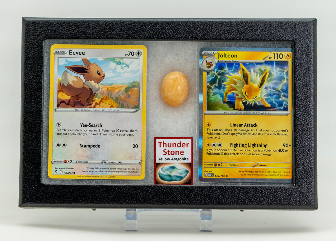 Two trading cards featuring Eevee and Jolteon, a Poké Ball, and a Thunder Stone in a display case.