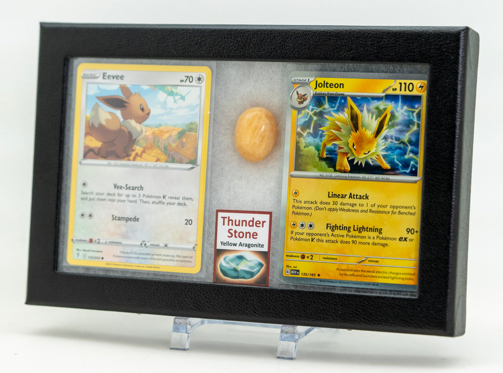 Framed display of trading cards featuring Eevee and Jolteon with a Thunder Stone.