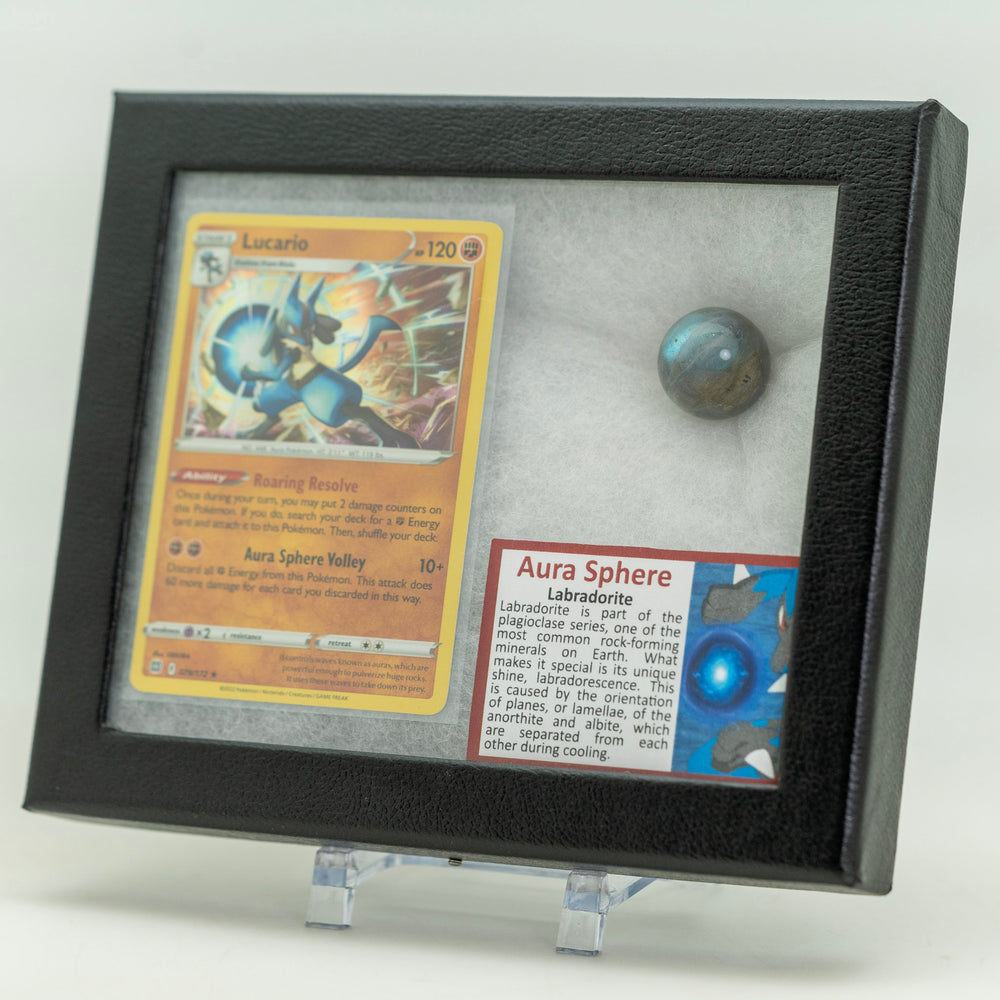 Framed collectible card with Lucario and a Labradorite stone on a white background