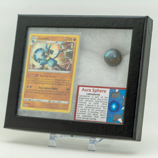 Framed collectible card with Lucario and a Labradorite stone on a white background